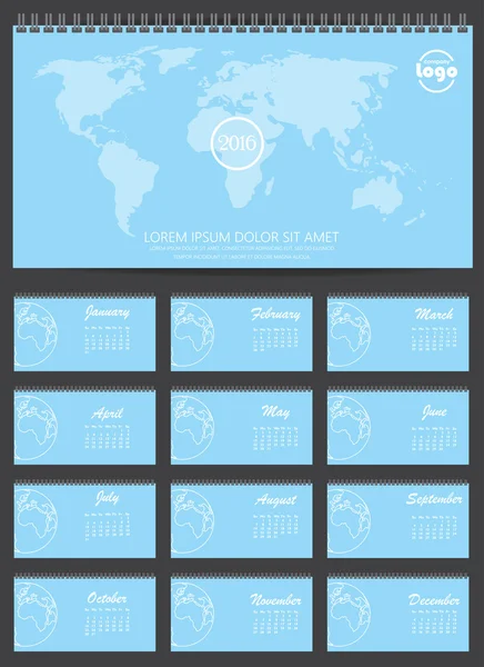 Monthly Calendar for year 2016. world map concept — Wektor stockowy