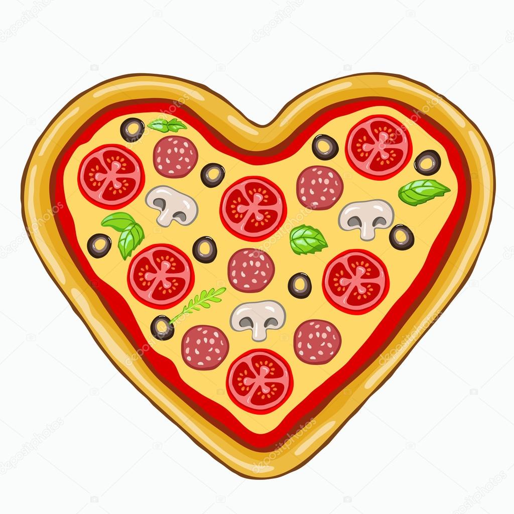 Vector illustration of a tasty pizza in the shape of a heart drawn on a white background.