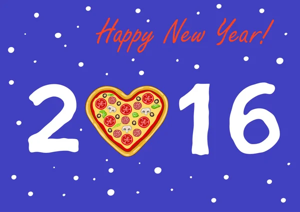 新的一年或圣诞节贺卡与比萨饼在蓝蓝的夜天空飘落的雪花与心的形状 — 图库矢量图片