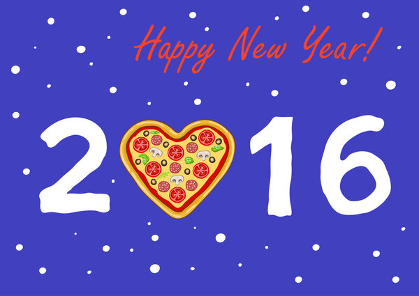 New Year's or Christmas greeting card with pizza in the shape of a heart against the blue night sky with falling snow