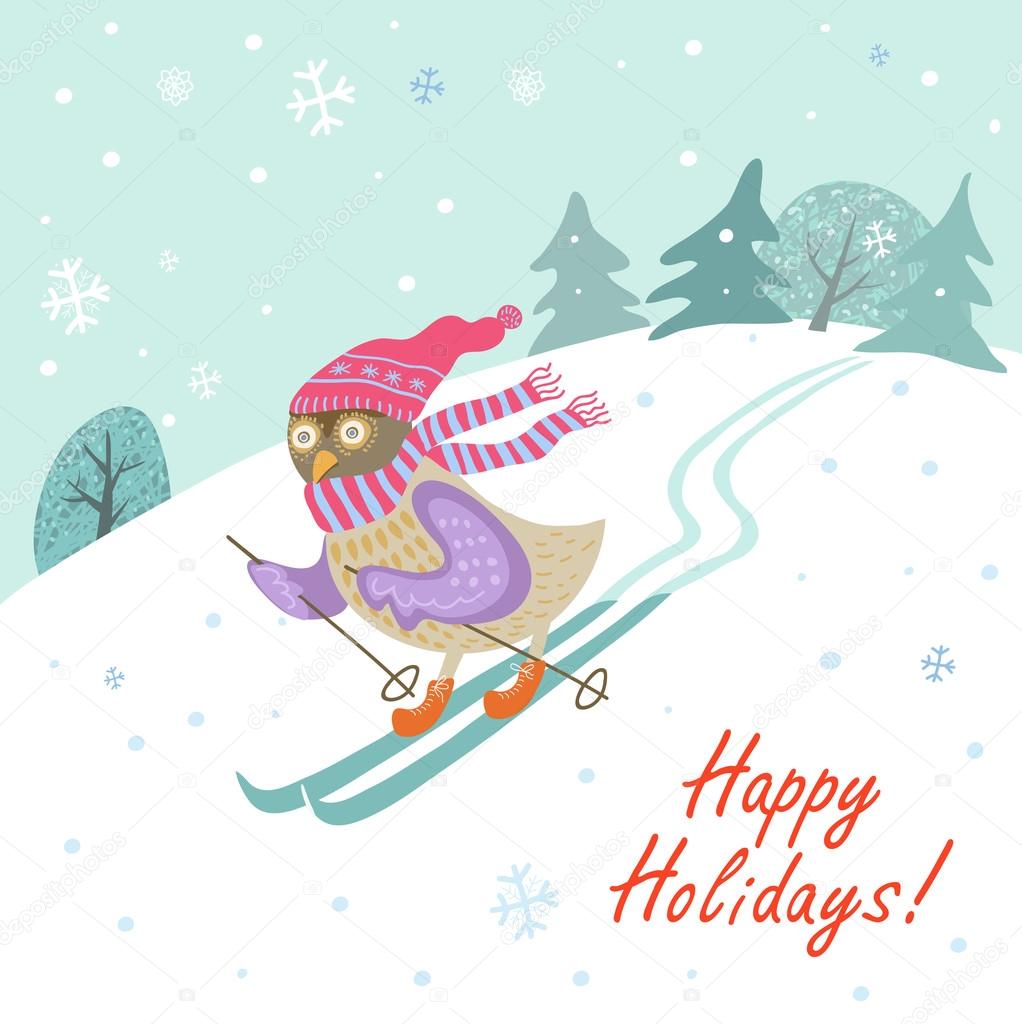 Happy Holidays.Bright cartoon Christmas, New Year Card in vector. Funny owl skiing, winter sports.Winter holiday background with owl.