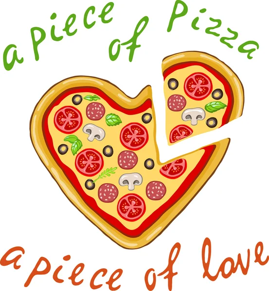 Un pedazo de amor y un pedazo de pizza sobre un fondo blanco.Imagen vectorial de una pizza en forma de corazón  . — Vector de stock