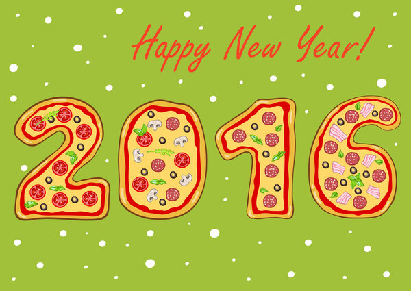 Greeting Card Happy New Year 2016.Creative happy new year design.Figures 2016 made in the form of different pizzas.Vector illustration.