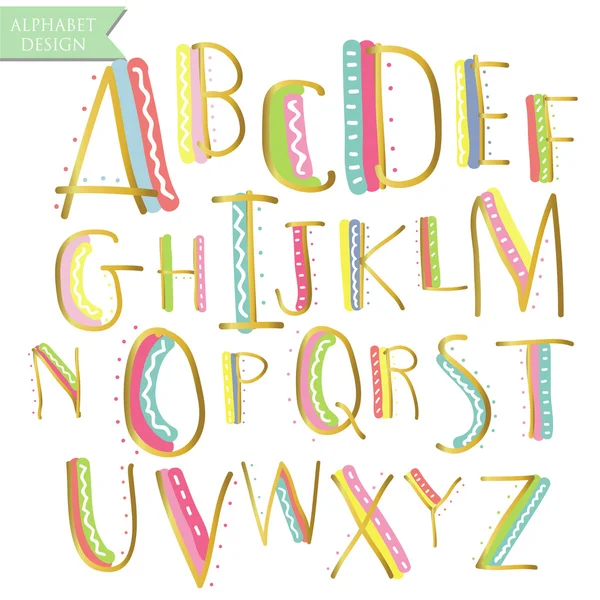 Yellow pink blue green gold colorful ink alphabet letters.Hand d — Stock Vector