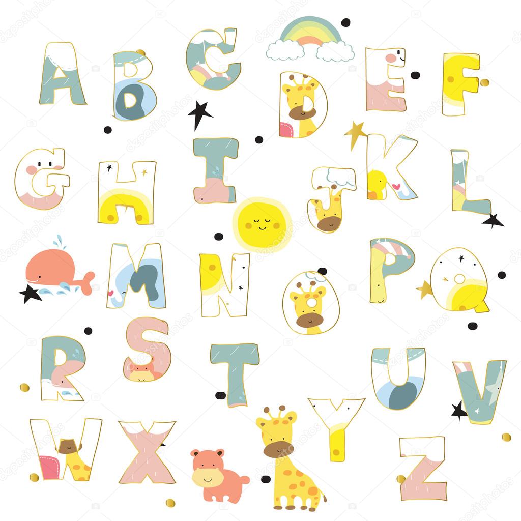 Pink blue yellow gold colorful ink alphabet letters.Hand drawn written with giraffe,whale and hippopotamus