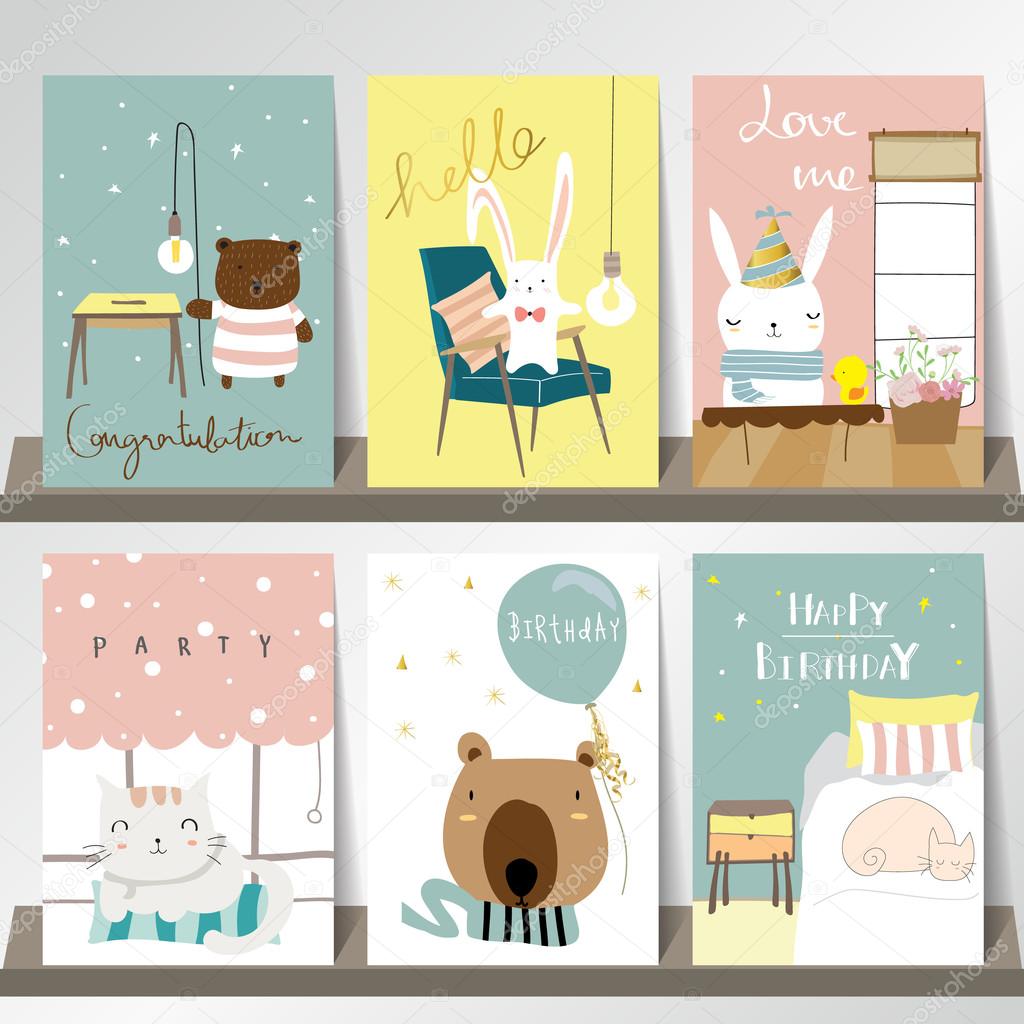 Light pink blue yellow collection for banners, Flyers, Placards with bear,rabbit,cat and balloon