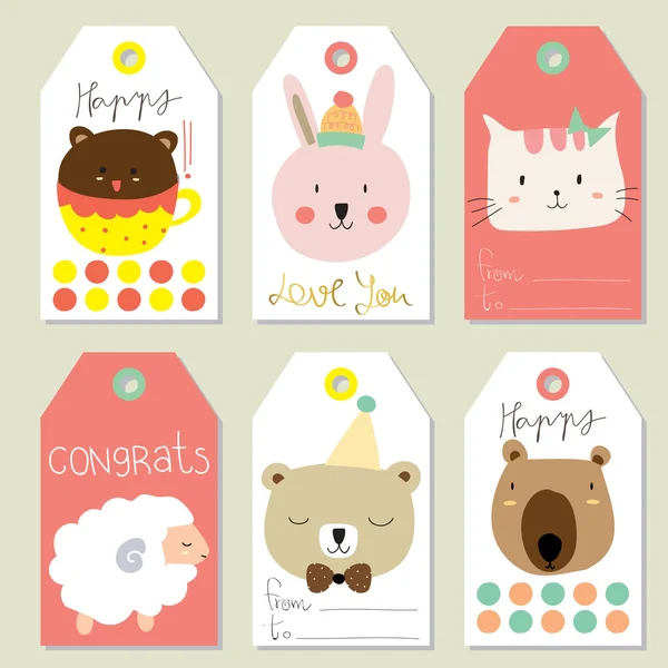 Light pink yellow tag sale on summer with bear, sheep, cat and rab — стоковый вектор