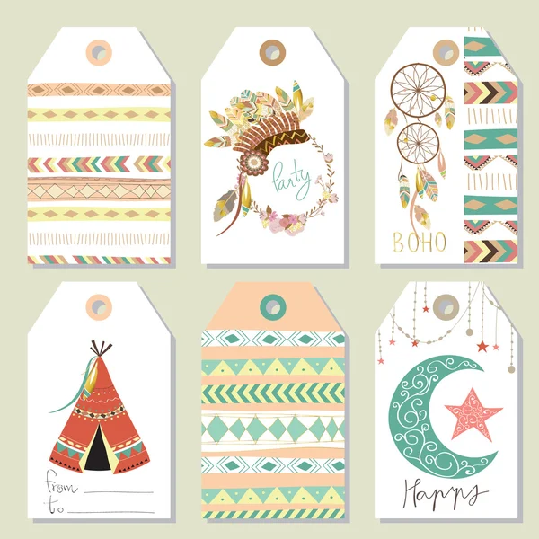 Light green gold pink tag sale in boho style on summer with tent — Stock Vector