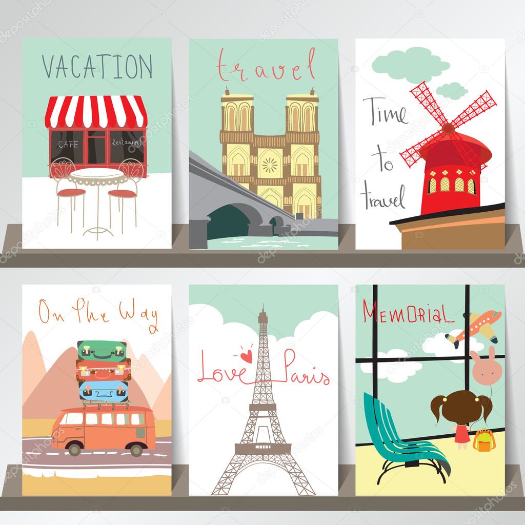 Light pink red collection for banners, Flyers, Placards and Posters with cafe,van,girl,air plane and eiffel tower in france