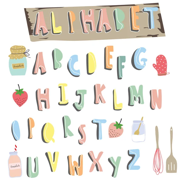 Alfabeto colorido. Escribe letras con comida — Vector de stock