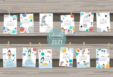 Astronot, ay, roket, çocuklar için gezegen, çocuk, bebek için sevimli galaksi takvimi 2021. Yazdırılabilir grafik için kullanılabilir. Düzenlenebilir element