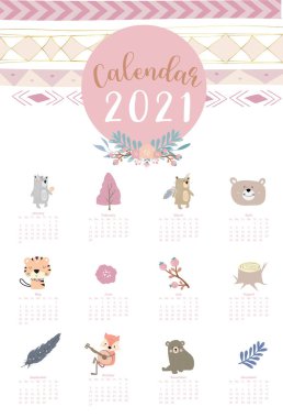 Şirin boho takvimi 2021, tüy, tilki, vahşi, çocuklar için ağaçlık. Yazdırılabilir grafikler için kullanılabilir. Düzenlenebilir element