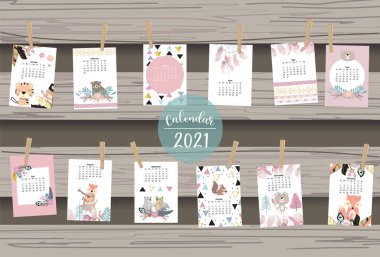 Şirin boho takvimi 2021, tüy, tilki, vahşi, çocuklar için ağaçlık. Yazdırılabilir grafikler için kullanılabilir. Düzenlenebilir element