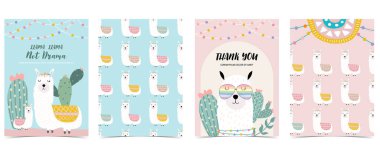 Lama, kaktüs, çiçek eşliğinde hayvan arkaplan koleksiyonu. Web sitesi, davetiye, kartpostal ve çıkartma için düzenlenebilir vektör illüstrasyonu