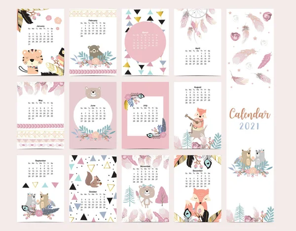 Calendar Drăguț Boho 2021 Pene Vulpe Sălbatice Pădure Pentru Copii — Vector de stoc