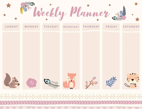 Woodland Calendar Planner Fox Feather Flower Tiger Can Use Printable — Archivo Imágenes Vectoriales