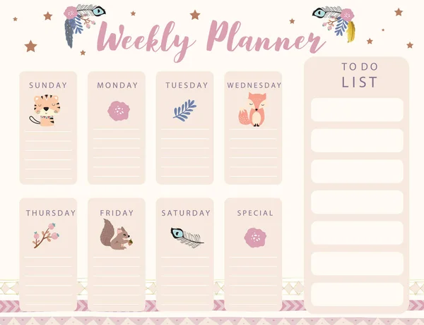 Woodland Calendar Planner Fox Feather Flower Tiger Can Use Printable — Archivo Imágenes Vectoriales