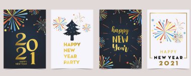 Havai fişekli, çerçeveli, yıldızlı yeni yıl kartı koleksiyonu. Poster, kartpostal, afiş, kapak için vektör illüstrasyonu
