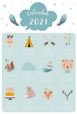 Tatlı hayvan takvimi 2021. Ayı, tüy, çocuklar için düş kapanı, çocuk, bebek. Yazdırılabilir grafik için kullanılabilir.