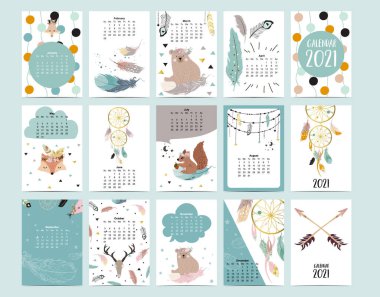 Tatlı hayvan takvimi 2021. Ayı, tüy, çocuklar için düş kapanı, çocuk, bebek. Yazdırılabilir grafik için kullanılabilir.