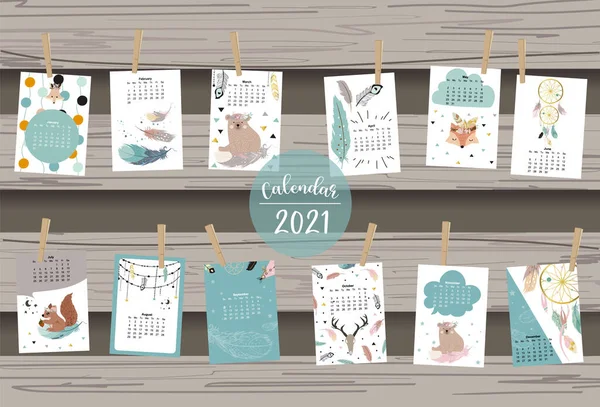 Lindo Calendario Animales 2021 Con Oso Pluma Atrapasueños Para Niños — Vector de stock