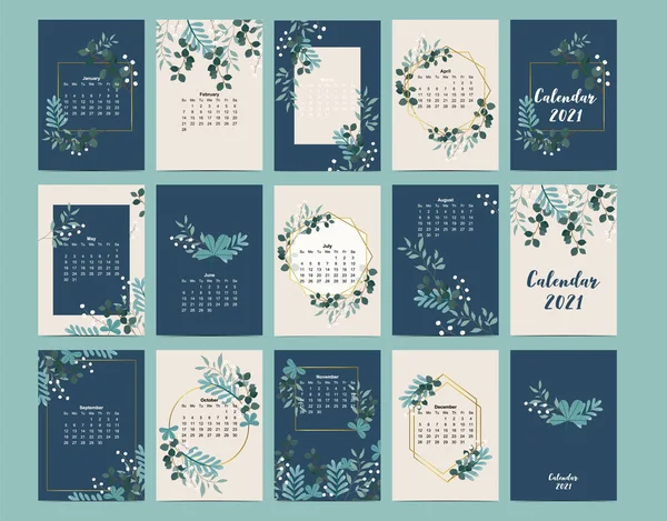 Calendario Carino 2021 Con Foglia Fiore Naturale Può Essere Utilizzato — Vettoriale Stock