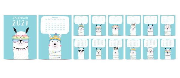 Doodle pastel calendar set 2021 with llama for children.Can be used for printable graphic.Editable element