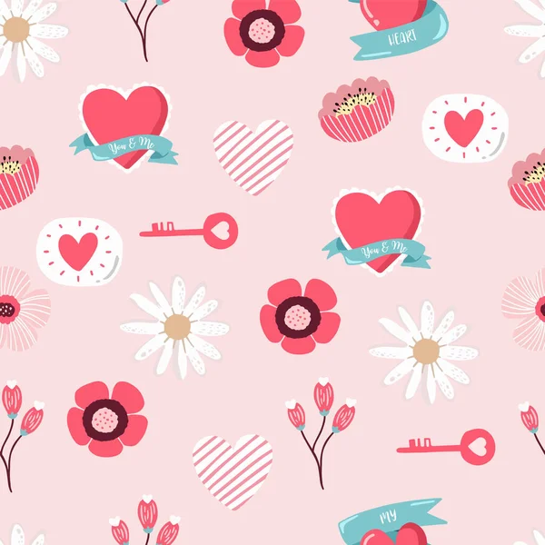 Schattige Valentijn Achtergrond Met Hart Bloem Vector Illustratie Naadloos Patroon — Stockvector