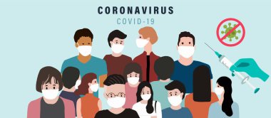 Ameliyat maskesi olan insanlar, bakteri ve koronavirüsün yayılmasını önlemek için aşı geçmişi olan insanlar.