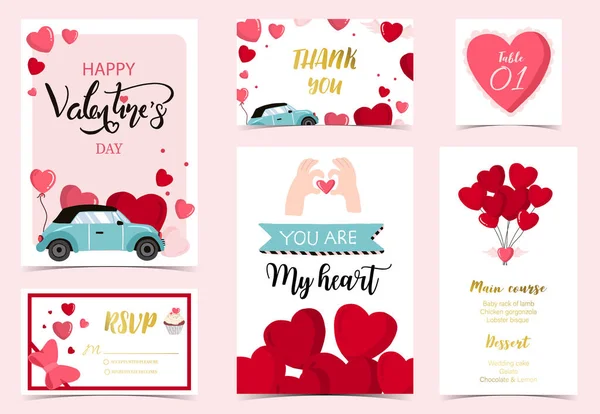 Linda Colección San Valentín Con Corazón Coche Globo Ilustración Vectorial — Vector de stock