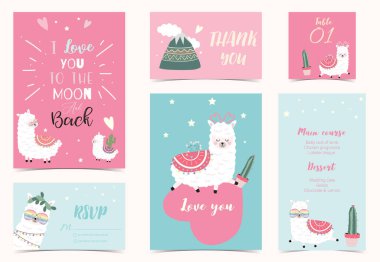 Collection of llama with cactus.Editable vector illustration for website, invitation,postcard and banner