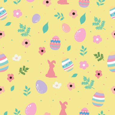 Tavşan, yumurta, çiçek eşliğinde paskalya dikişsiz desen koleksiyonu. Web sitesi, davetiye, kartpostal ve poster için düzenlenebilir vektör ilüstrasyonuName