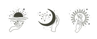 El, güneş, ay, yıldız güzellik koleksiyonu. Simge, etiket, yazdırılabilir ve dövme için vektör illüstrasyonuName