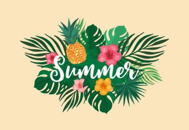 Yaz arkaplanı koleksiyonu: Meyve, hindistan cevizi ağacı. Davetiye, kartpostal ve web sitesi afişi için düzenlenebilir vektör illüstrasyonu