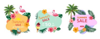 Flamingo, hindistan cevizi ağacı arkaplan koleksiyonu. Davetiye, kartpostal ve web sitesi afişi için düzenlenebilir vektör illüstrasyonuName