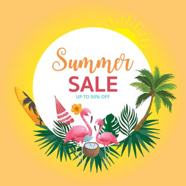 Flamingo, hindistan cevizi ağacı arkaplan koleksiyonu. Davetiye, kartpostal ve web sitesi afişi için düzenlenebilir vektör illüstrasyonuName