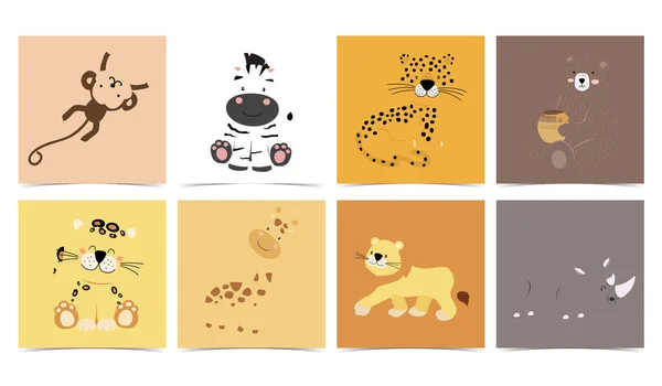 Set Cute Animals Monkey Leopard Lion Bear Zebra Rhino Vector — Archivo Imágenes Vectoriales