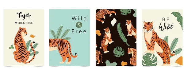 Animal Background Collection Tiger Leaf Jungle Illustration Banner Postcard Invitation — Stock Vector