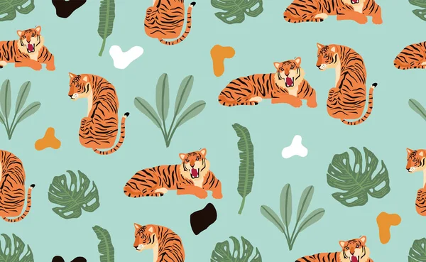 Safari Φόντο Τίγρη Παλάμη Φύλλα Διάνυσμα Εικόνα Αδιάλειπτη Μοτίβο Για — Διανυσματικό Αρχείο