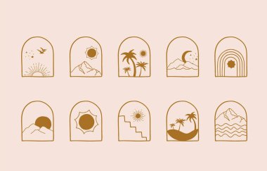 Güneş, deniz, dalga şeklinde çizgi tasarımı koleksiyonu. Web sitesi, etiket, dövme, simge için düzenlenebilir vektör illüstrasyonuName