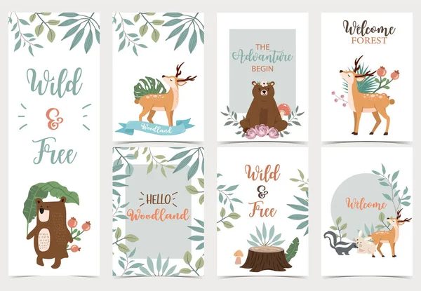 Collection Woodland Background Set Leaf Flower Animal Editable Vector Illustration — 스톡 벡터