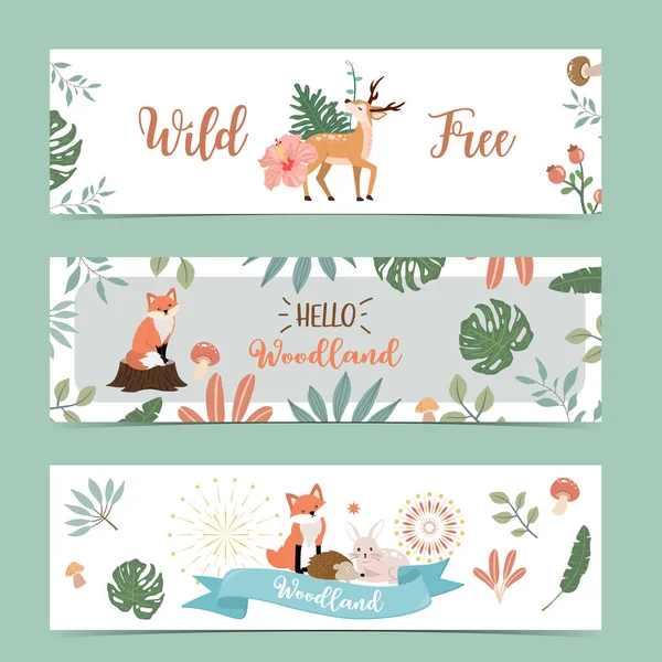 Set Cute Woodland Deer Fox Mushroom Vector Illustration Baby Invitation — Stock Vector