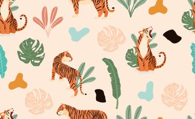 Kaplan, avuç içi, yapraklı Safari arka planı. Arka plan, duvar kağıdı, düzenlenebilir element için vektör çizimi kusursuz desen.