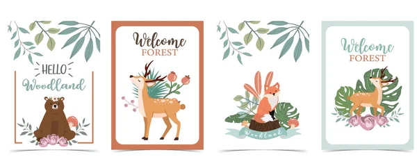 Collection Woodland Background Set Leaf Flower Animal Editable Vector Illustration — 스톡 벡터