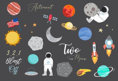 Astronot, güneş, ay, yıldız, roket içeren uzay nesnesi koleksiyonu. Web sitesi, davetiye, kartpostal ve çıkartma için düzenlenebilir vektör illüstrasyonuName 