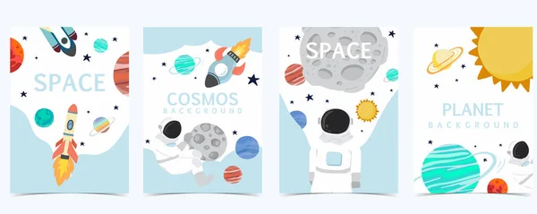 Colección Fondo Espacial Conjunto Con Astronauta Sol Luna Estrella Cohete — Vector de stock