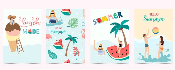 Sammlung Von Sommer Hintergrund Set Mit Menschen Wassermelone Strand Kokosnussbaum — Stockvektor