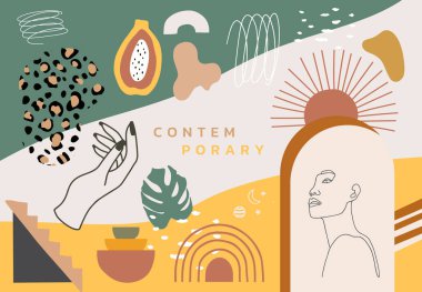 Kadın, şekil, yağmurluk ile çağdaş arkaplan koleksiyonu. Web sitesi, davetiye, kartpostal ve poster için düzenlenebilir vektör illüstrasyonu