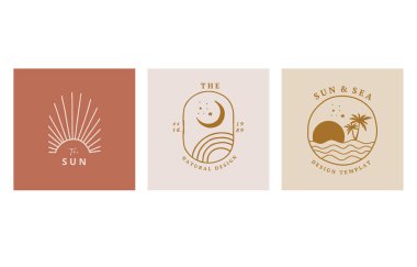 Güneş, deniz, dalga şeklinde çizgi tasarımı koleksiyonu. Web sitesi, etiket, dövme, simge için düzenlenebilir vektör illüstrasyonuName