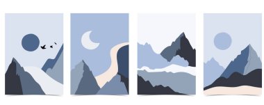 Dağ, deniz, güneş, ay ile birlikte doğa manzarası koleksiyonu. Web sitesi, davetiye, kartpostal ve poster için düzenlenebilir vektör illüstrasyonu